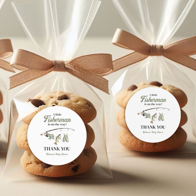 Little Fisherman Clothesline Fishing Baby Shower Classic Round Sticker (Creator Uploaded)