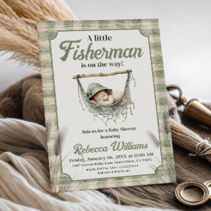 Little Fisherman Gingham Boy Fishing Baby Shower Invitation