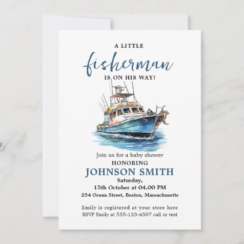 Little Fisherman is On His Way Watercolor Fishing  Invitation