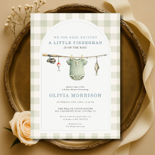 Little Fisherman Sage Green Gingham Baby Shower Invitation