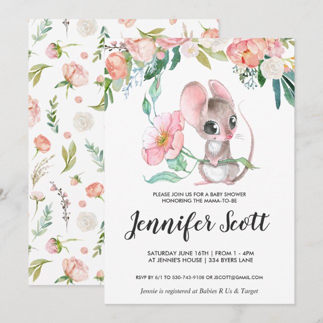 Little Floral Mouse Baby Shower Invitation (Front/Back)