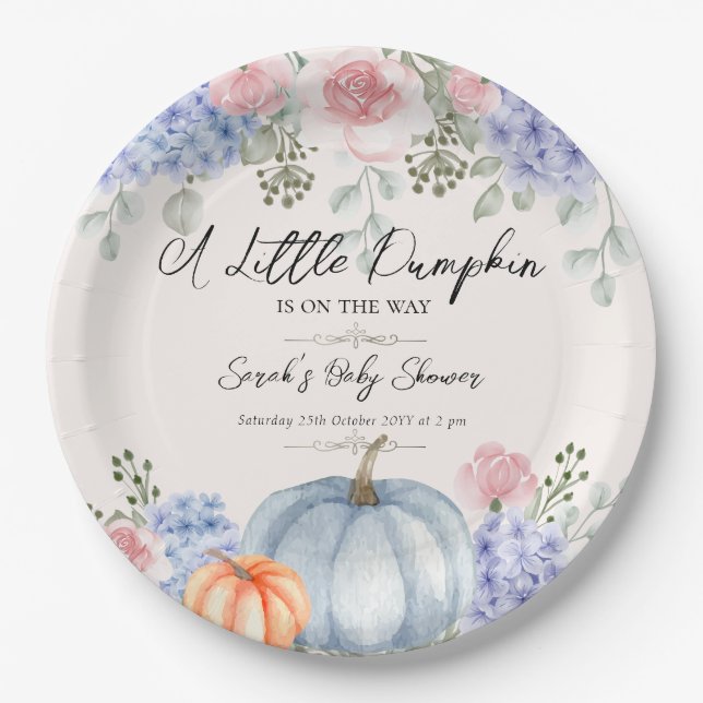 Little Floral Pumpkin Halloween Fall Baby Shower Paper Plates (Front)
