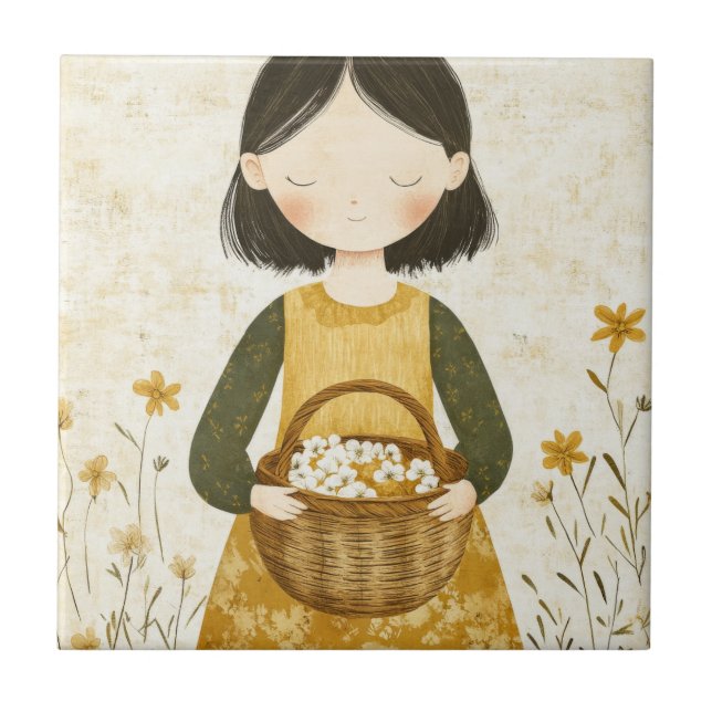 Little Flower Gatherer in Meadow Ceramic Tile (Front)