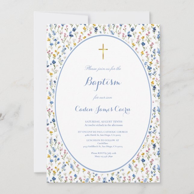 Little Flower Watercolor Boy Baptism Invitation (Front)