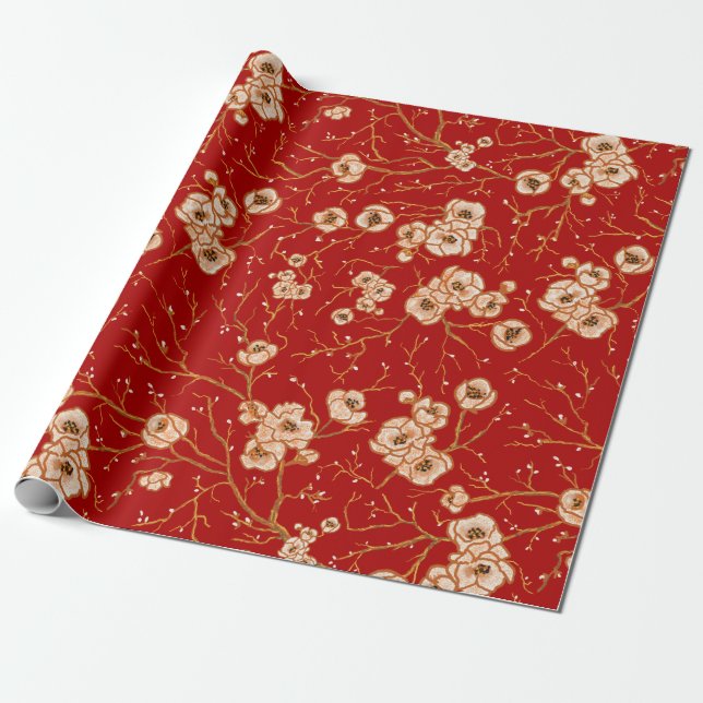 Little flowers on red pattern wrapping paper (Unrolled)