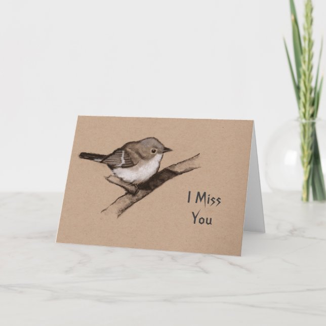 Little fluffy Bird: Charcoal Drawing: Miss You Card (Front)