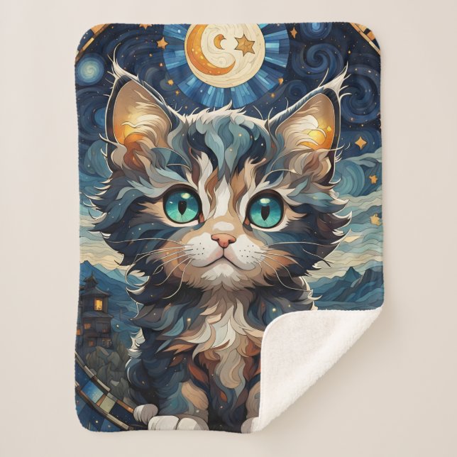 Little Fluffy Kitten Night Sky Stained Glass Sherpa Blanket (Front)