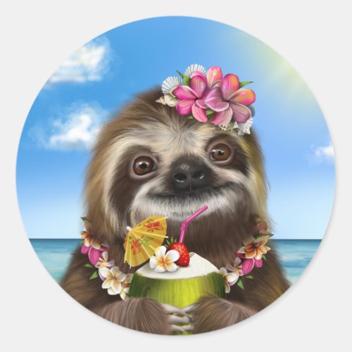 Little fluffy Sloth with a coconut cocktail Classic Round Sticker