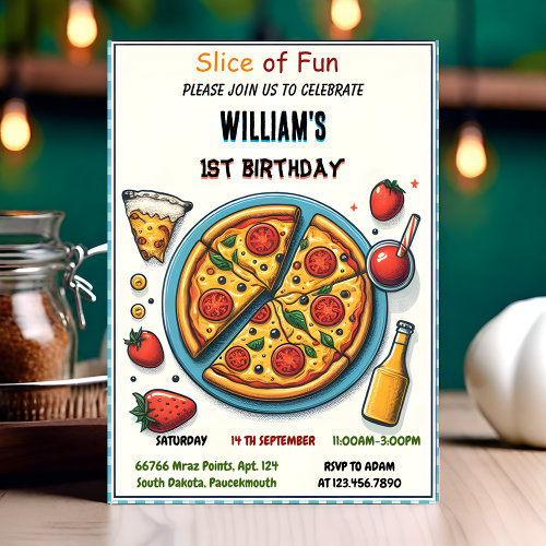 little food boy girl teen pizza first 1st birthday invitation