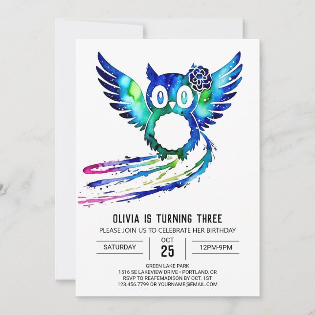 Little Forest Digital Owl Birthday Invitation (Front)