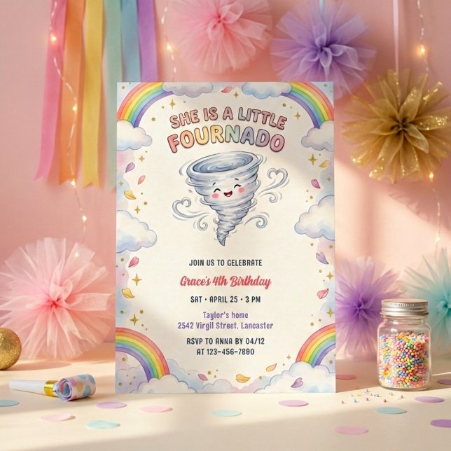 Little Fournado Rainbow Tornado Girls 4th Birthday Invitation (Little Fournado Rainbow Tornado Girls Birthday Party Invitation)