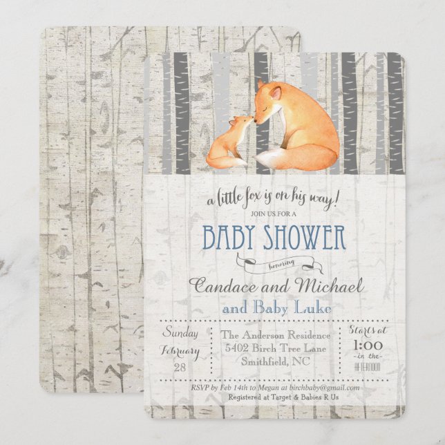 Little Fox Birch Baby Shower Invitation (Front/Back)