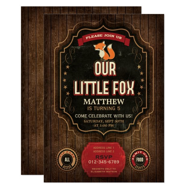 Little Fox Birthday Party Rustic Chalkboard & Wood Invitation