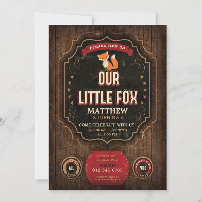 Little Fox Birthday Party Rustic Chalkboard & Wood Invitation (Front)