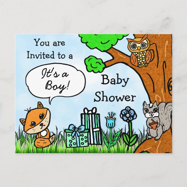 Little Fox Boy's Baby Shower Invitation Postcard (Front)