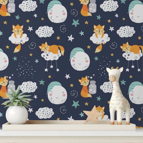 Little Fox Cute Moon Stars Kids Pattern Wallpaper