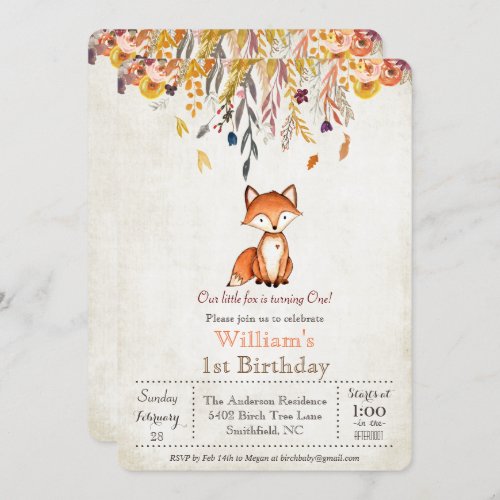 Little Fox Fall 1st Birthday Invitation