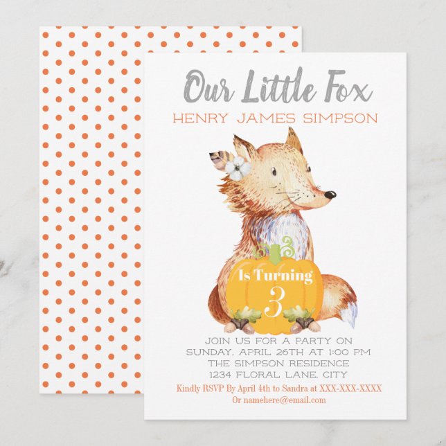 Little Fox Fall Harvest Pumpkin Thirds Birthday Invitation (Front/Back)