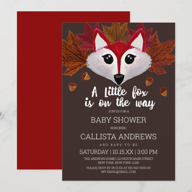 Little Fox Fall Red Brown Watercolor Baby Shower Invitation (Front/Back)