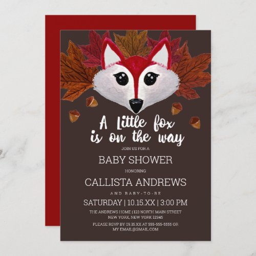 Little Fox Fall Red Brown Watercolor Baby Shower Invitation