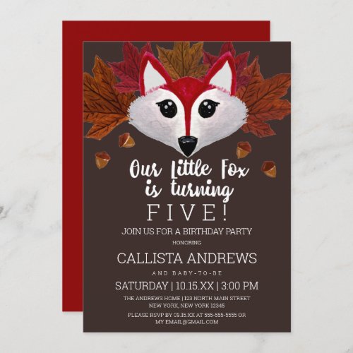 Little Fox Fall Red Brown Watercolor Birthday Invitation