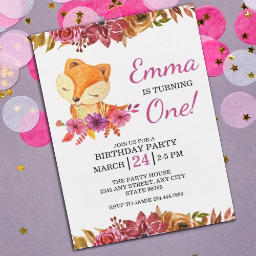 Little Fox Floral 1st Birthday Party Invitation