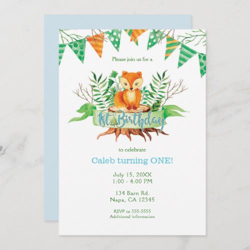 Little Fox Forest Watercolor 1st Birthday Party Invitation