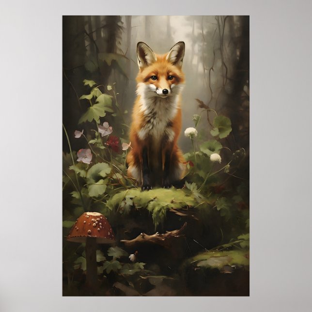 Little Fox In Forest Wall Print, Botanical Dark Poster (Front)