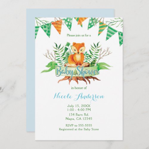 Little Fox in the Forest Watercolor Baby Shower Invitation