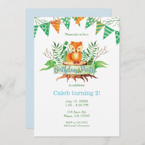 Little Fox in the Forest Watercolor Birthday Party Invitation