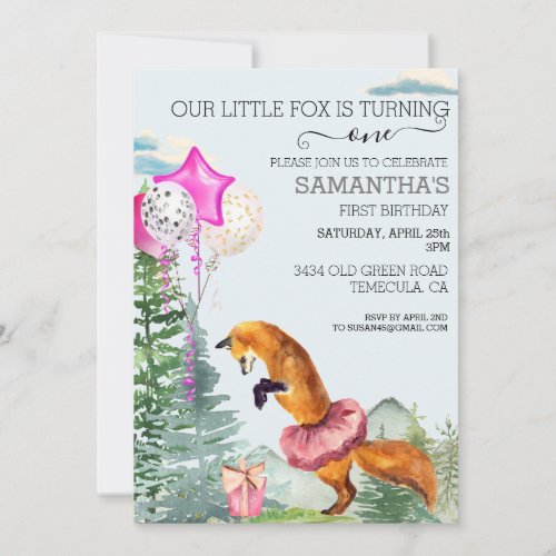 Little Fox Watercolor Woodland Pink Birthday  Invitation