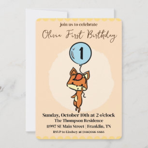 Little Fox with balloons 1st Birthday Invitation