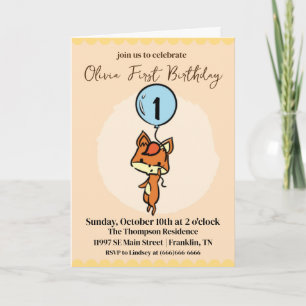 Little Fox with balloons 1st Birthday Invitation