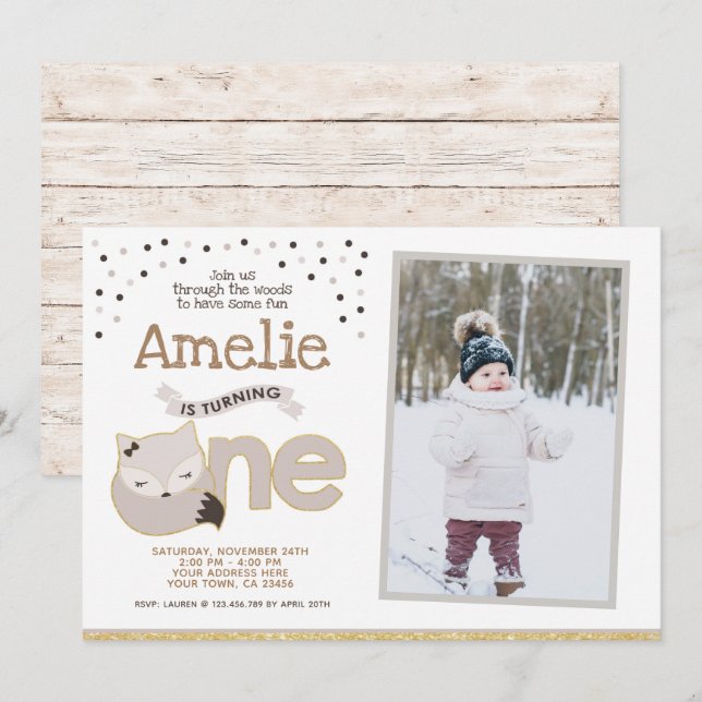 Little fox, Wonderland Invitation with photo (Front/Back)