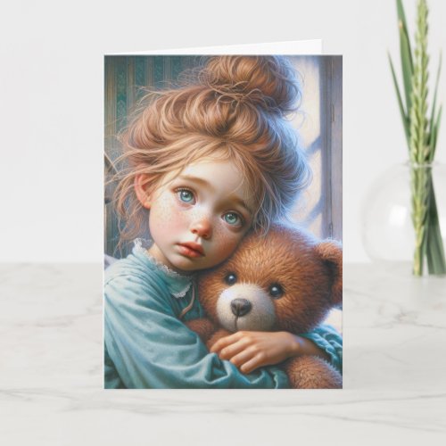Little Freckled Girl Hugging a Teddy Bear Card
