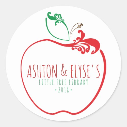 little free library flourish apple stamp classic round sticker