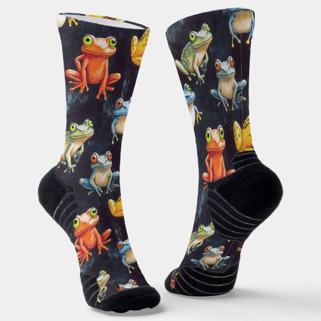 Little Frog Chalk Drawing Pattern Black Socks (Angled)