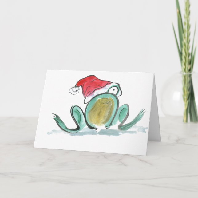 Little Frog wears a Christmas Santa' Hat Holiday Card (Front)