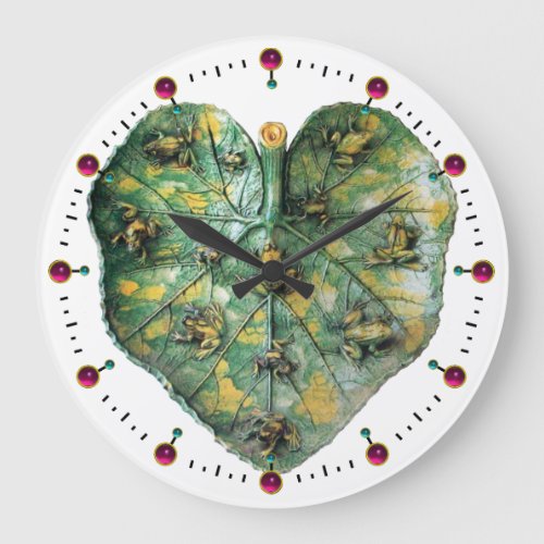 LITTLE FROGS ON A GREEN LEAF RED RUBY White Large Clock