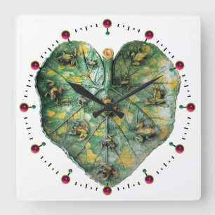 LITTLE FROGS ON A GREEN LEAF RED RUBY, White Square Wall Clock