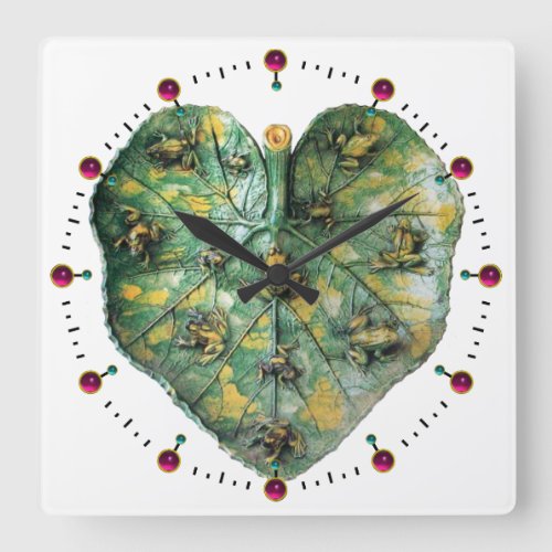 LITTLE FROGS ON A GREEN LEAF RED RUBY White Square Wall Clock