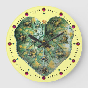 LITTLE FROGS ON A GREEN LEAF RED RUBY, Yellow Large Clock