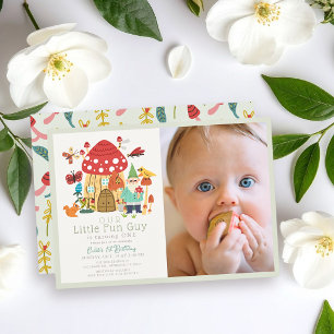 Little Fun Guy Gnome Mushroom Photo 1st Birthday Invitation