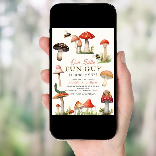 Little Fun Guy Mushroom Bee Boy 1st Birthday Invitation (Front Digital)