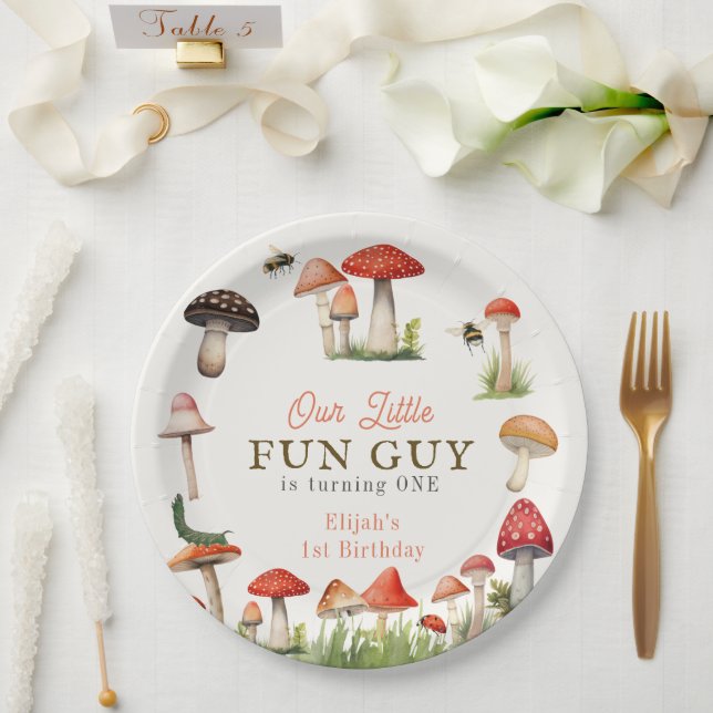 Little Fun Guy Mushroom Bee Boy Birthday Paper Plates (Wedding)