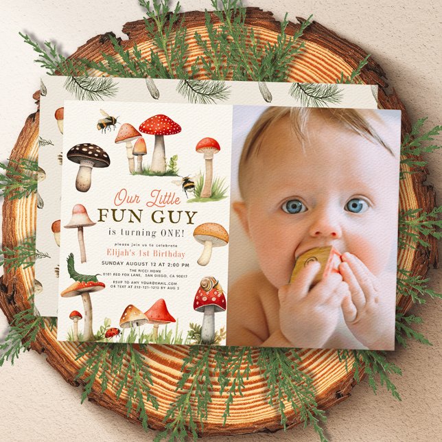 Little Fun Guy Mushroom Bee Boy Photo 1st Birthday Invitation (Creator Uploaded)