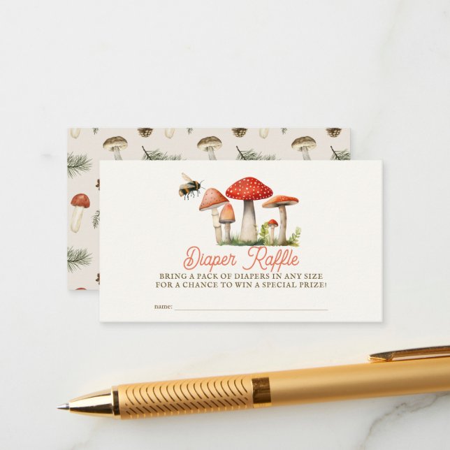 Little Fun Guy Mushroom Bee Diaper Raffle Ticket Enclosure Card (Front/Back In Situ)