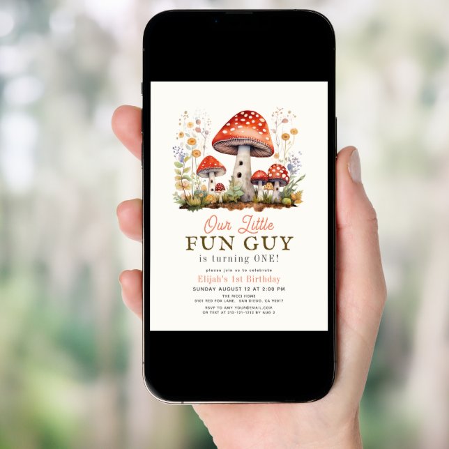Little Fun Guy Mushroom Boy 1st Birthday Invitation (Front Digital)