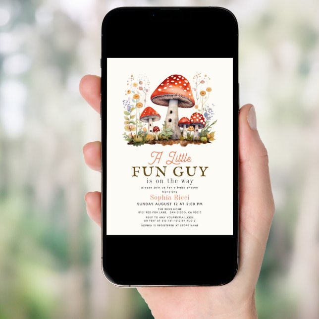 Little Fun Guy Mushroom Boy Baby Shower Invitation (Front Digital)