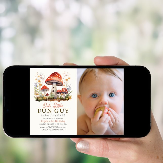 Little Fun Guy Mushroom Boy Photo 1st Birthday Invitation (Front Digital)